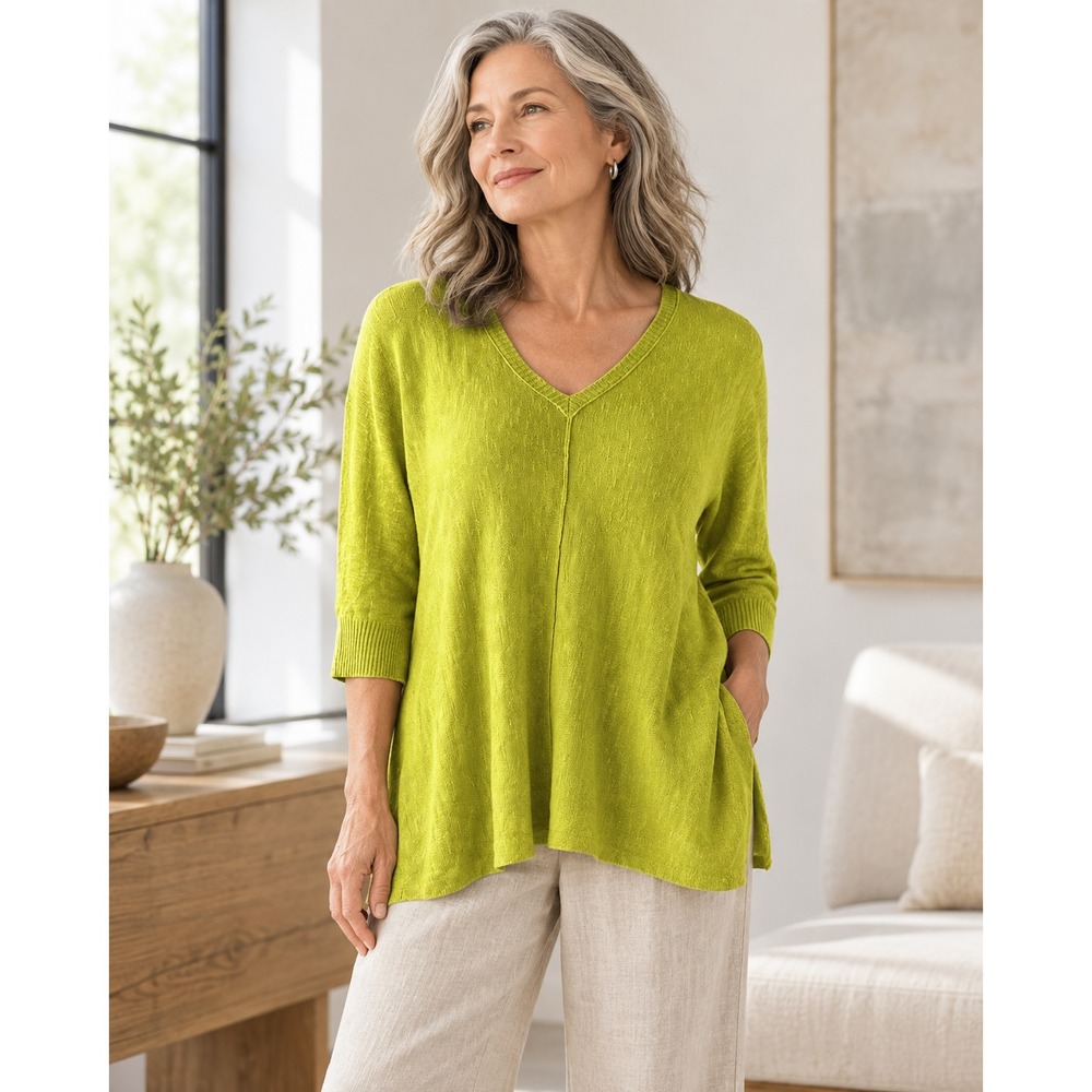 Eileen Fisher Organic Linen Cotton V-neck 3/4 Sleeve Top Green Small Lightweight